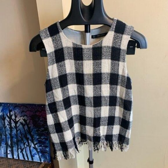 Zara Tweed Fringe Check Plaid Gingham Tank Top - Picture 1 of 6